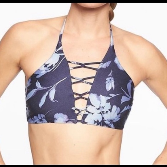 SOLD Athleta Aqualuxe Floral Loop Bikini Set Women’s Small Navy Blue Halter - Picture 16 of 16
